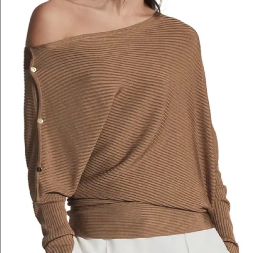 Reiss Bloor Ribbed Off the Shoulder Sweater camel